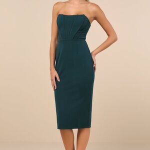 Lulus Gorgeously Sultry Emerald Green Bustier Strapless Midi Dress - Size L